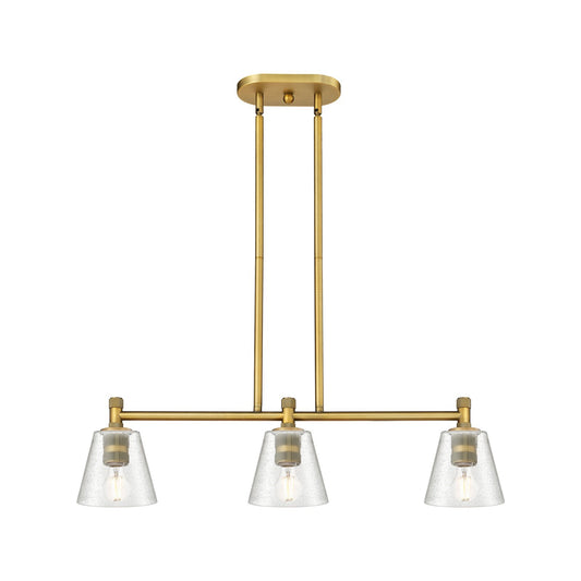 Innovations Caton 33in 3-Light Island Light | Industrial Brushed Brass and Frosted Glass | Kitchen Island & Dining Room | Model 434-3I-BB-G454