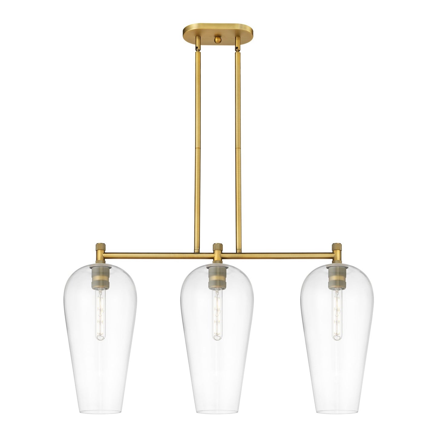 Innovations Chelsea 35in 3-Light Island Light | Industrial Brushed Brass and Clear Glass | Kitchen Island & Dining Room | Model 434-3I-BB-G456-8CL