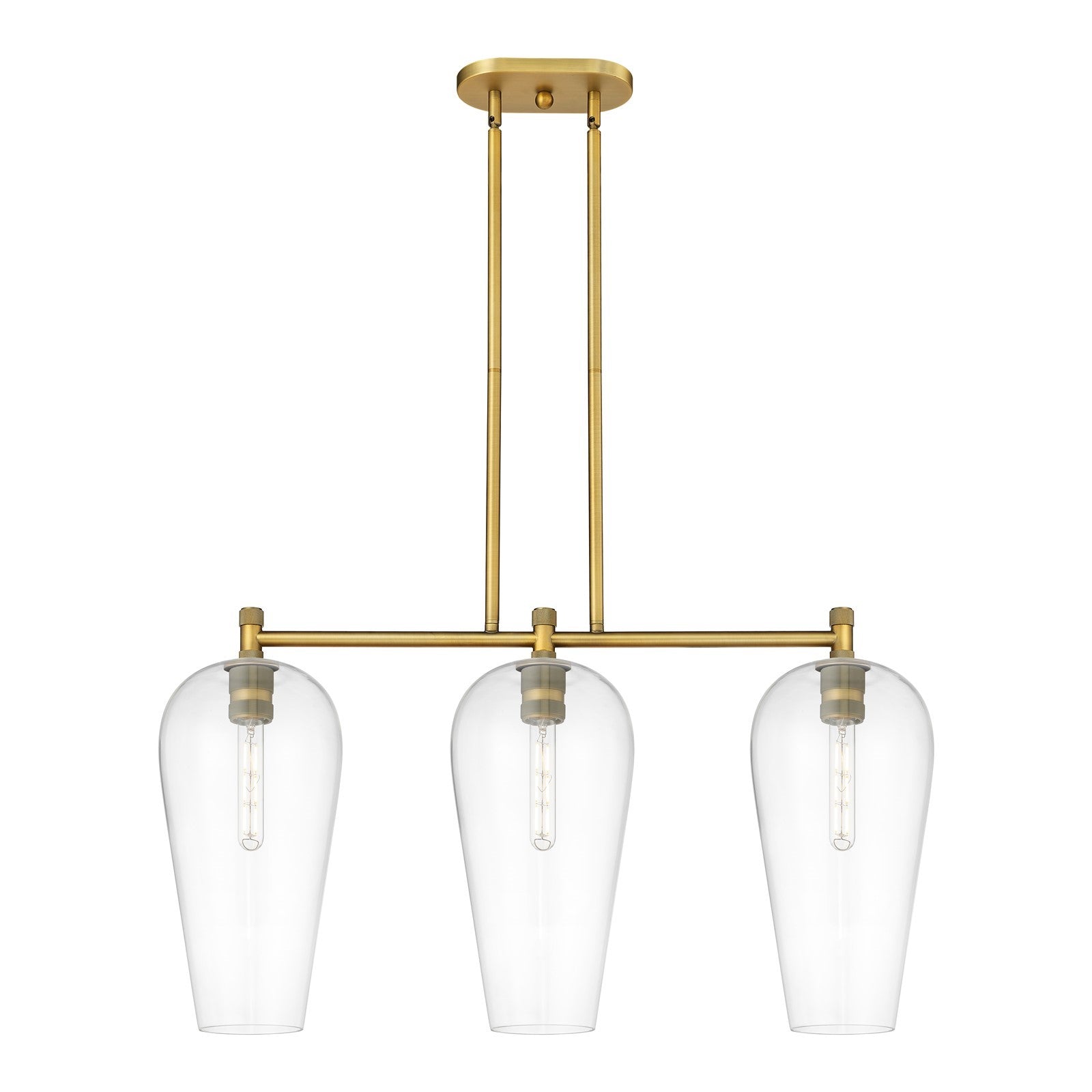 Innovations Chelsea 35in 3-Light Island Light | Industrial Brushed Brass and Clear Glass | Kitchen Island & Dining Room | Model 434-3I-BB-G456-8CL