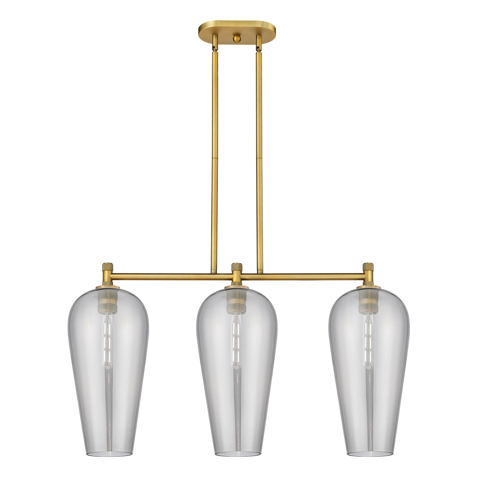Innovations Chelsea 35in 3-Light Island | Industrial Brushed Brass and Light Smoke Glass | Kitchen Island & Dining Room | Model 434-3I-BB-G456-8SM