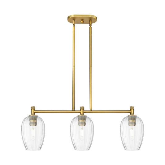 Innovations Preston Flute 33in 3-Light Island | Industrial Brushed Brass and Clear Glass | Kitchen Island & Dining Room | Model 434-3I-BB-G457-6CL
