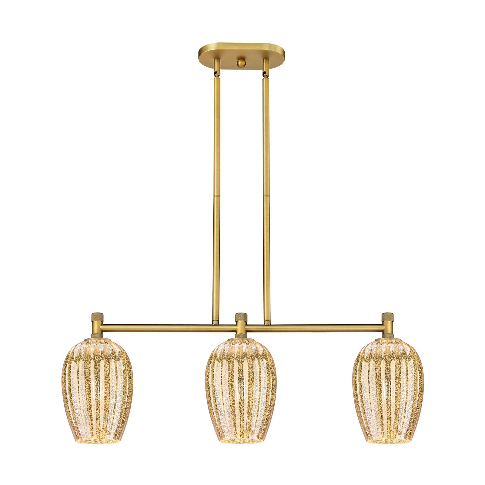 Innovations Preston Flute 33in 3-Light Island | Industrial Brushed Brass and Mercury Glass | Kitchen Island & Dining Room | Model 434-3I-BB-G457-6ME