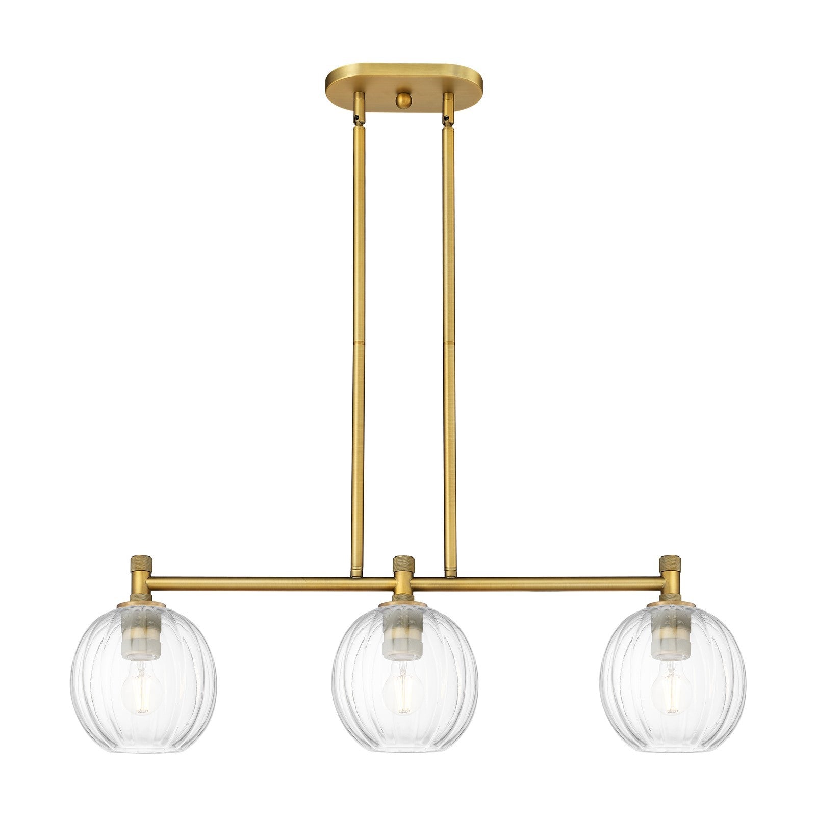 Innovations Preston Globe 34in 3-Light Island | Industrial Brushed Brass and Clear Glass | Kitchen Island & Dining Room | Model 434-3I-BB-G458-7CL