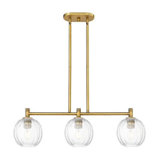 Innovations Preston Globe 34in 3-Light Island | Industrial Brushed Brass and Clear Glass | Kitchen Island & Dining Room | Model 434-3I-BB-G458-7CL