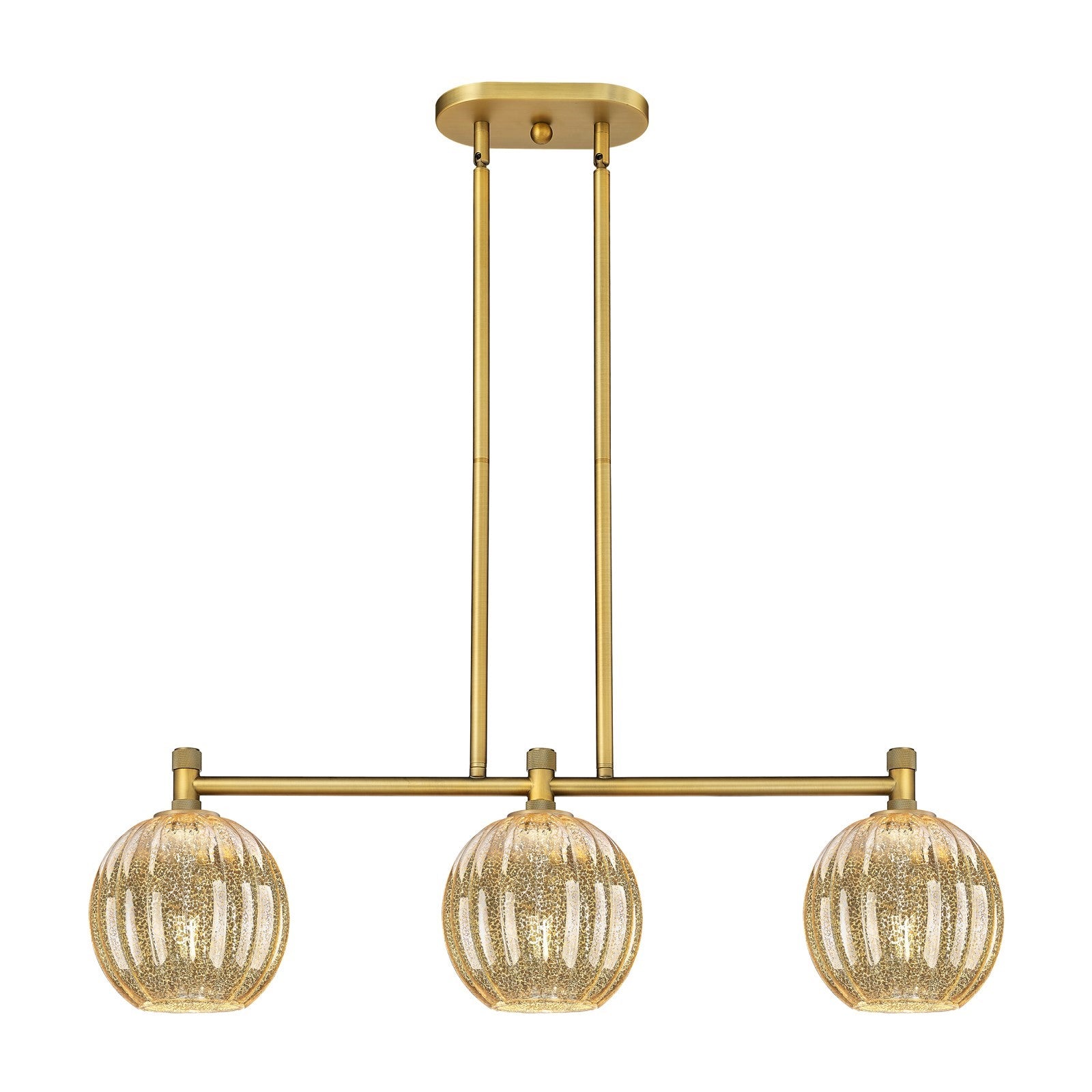 Innovations Preston Globe 34in 3-Light Island | Industrial Brushed Brass and Mercury Glass | Kitchen Island & Dining Room | Model 434-3I-BB-G458-7ME