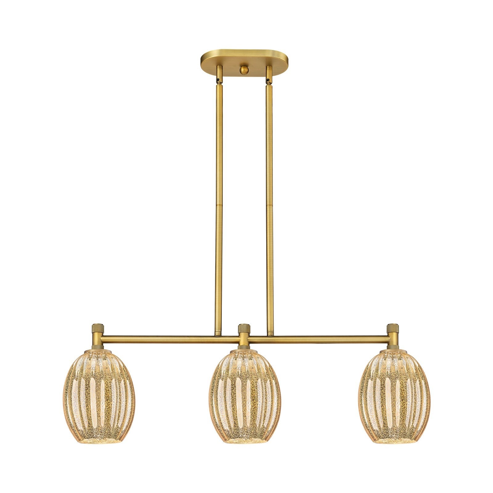 Innovations Preston Bulb 33in 3-Light Island | Industrial Brushed Brass and Mercury Glass | Kitchen Island & Dining Room | Model 434-3I-BB-G459-6ME