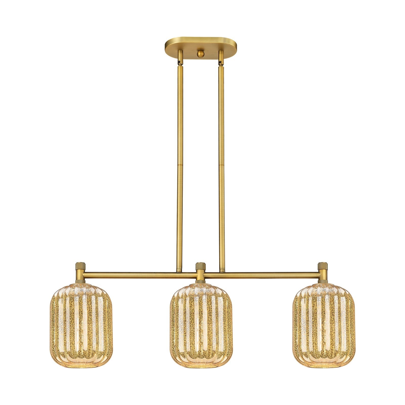 Innovations Preston Cylinder 34in 3-Light Island | Industrial Brushed Brass and Mercury Glass | Kitchen Island & Dining | Model 434-3I-BB-G460-7ME
