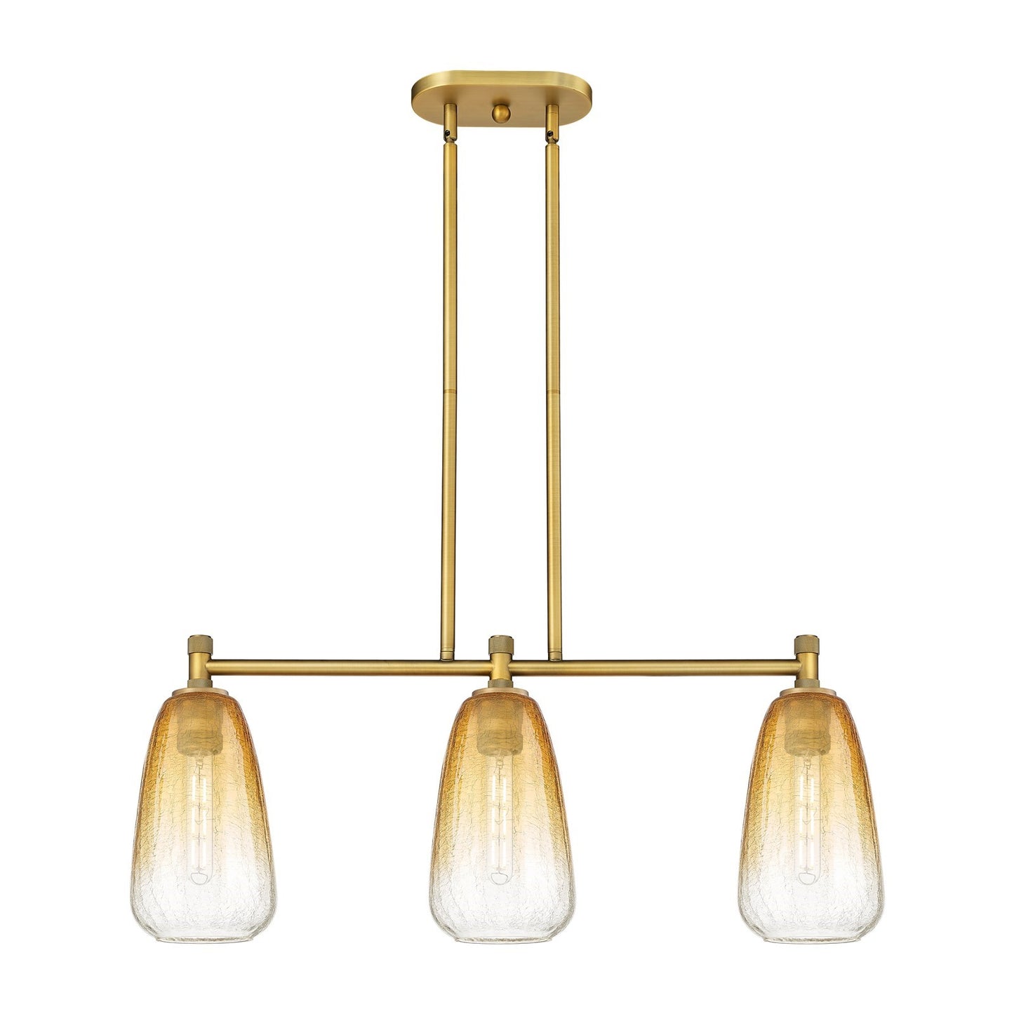 Innovations Brookhaven Almond 33in 3-Light Island | Industrial Brushed Brass and Amber Glass | Kitchen Island & Dining | Model 434-3I-BB-G480-6AM