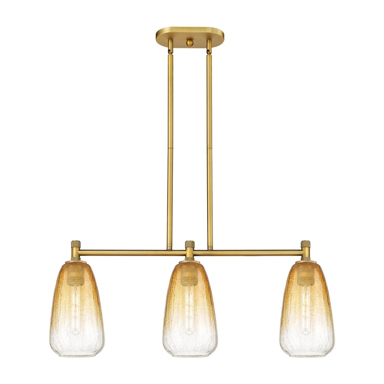 Innovations Brookhaven Almond 33in 3-Light Island | Industrial Brushed Brass and Amber Glass | Kitchen Island & Dining | Model 434-3I-BB-G480-6AM