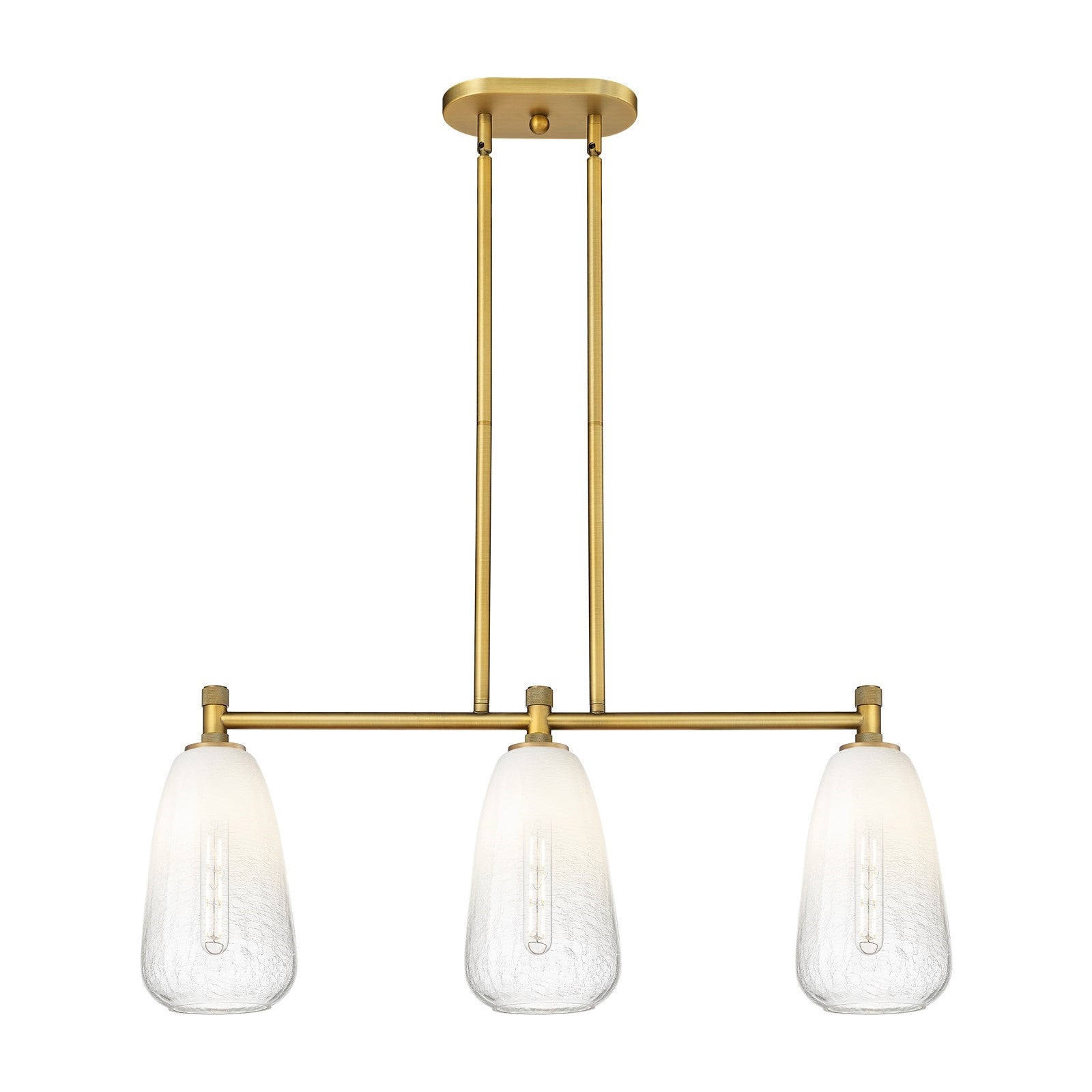 Innovations Brookhaven Almond 33in 3-Light Island | Industrial Brushed Brass and Opal Glass | Kitchen Island & Dining Room | Model 434-3I-BB-G480-6OP