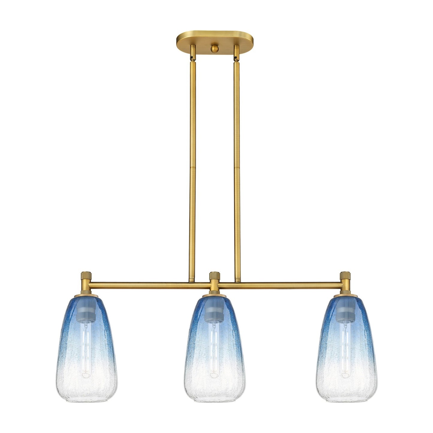 Innovations Brookhaven Almond 33in 3-Light Island | Industrial Brushed Brass and Sapphire Blue Glass | Kitchen Island | Model 434-3I-BB-G480-6SB