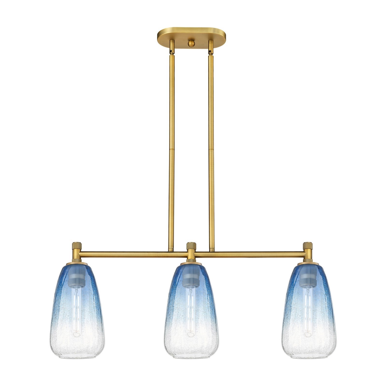 Innovations Brookhaven Almond 33in 3-Light Island | Industrial Brushed Brass and Sapphire Blue Glass | Kitchen Island | Model 434-3I-BB-G480-6SB