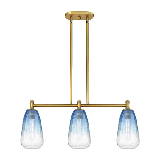 Innovations Brookhaven Almond 33in 3-Light Island | Industrial Brushed Brass and Sapphire Blue Glass | Kitchen Island | Model 434-3I-BB-G480-6SB