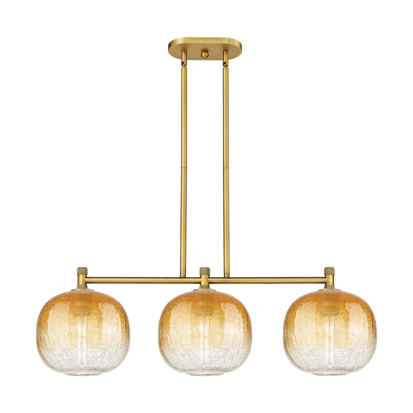 Innovations Brookhaven Sphere 37in 3-Light Island | Industrial Brushed Brass and Amber Glass | Kitchen Island & Dining | Model 434-3I-BB-G481-10AM