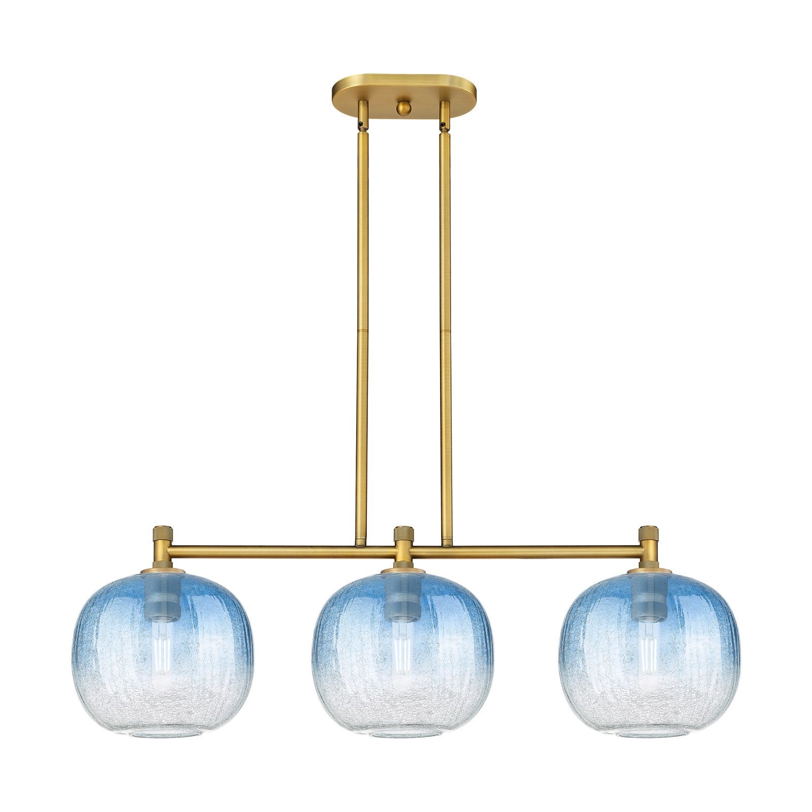 Innovations Brookhaven Sphere 37in 3-Light Island Light | Industrial Brushed Brass and Sapphire Blue Glass | Kitchen | Model 434-3I-BB-G481-10SB