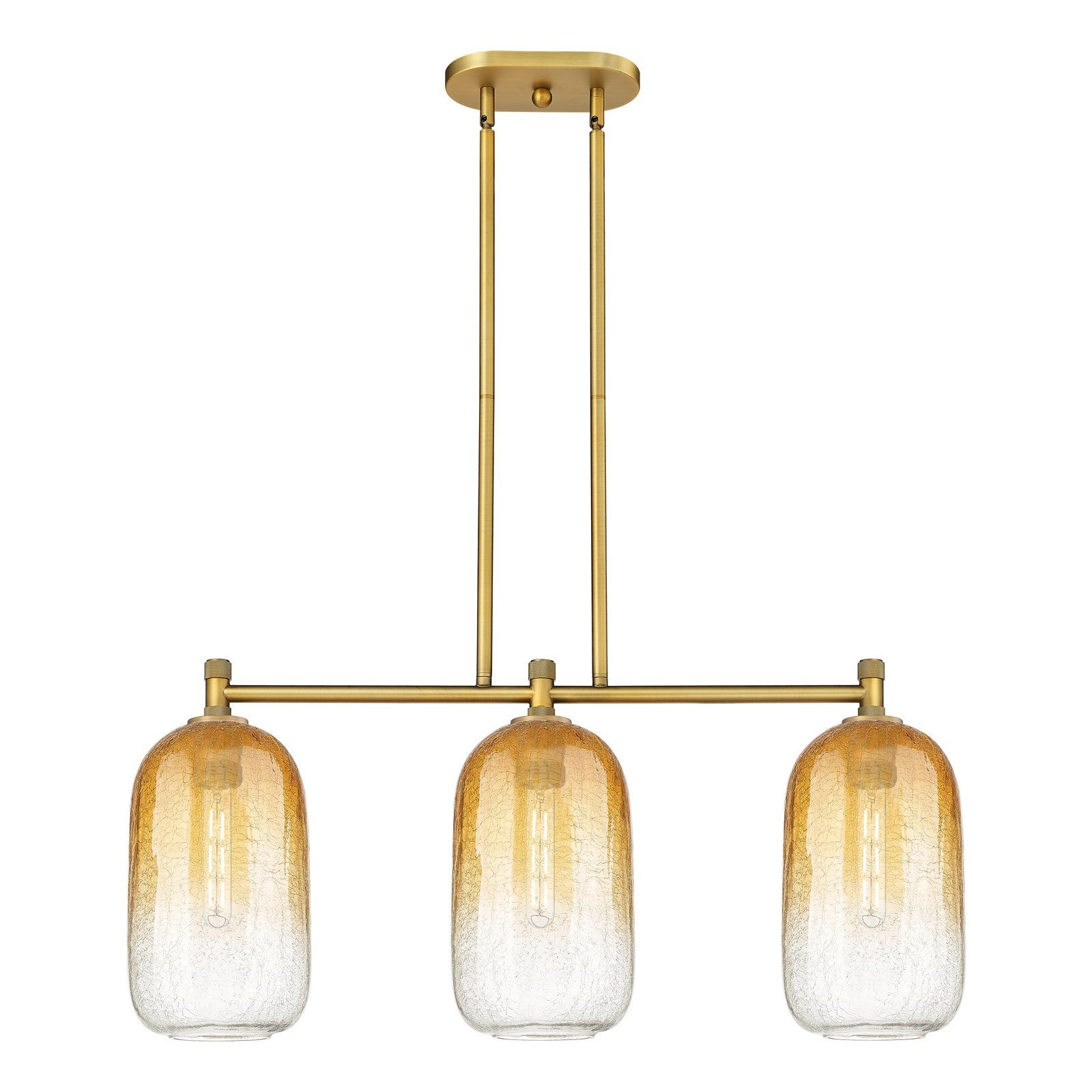 Innovations Brookhaven Cloche 34in 3-Light Island Light | Industrial Brushed Brass and Amber Glass | Kitchen Island | Model 434-3I-BB-G482-7AM