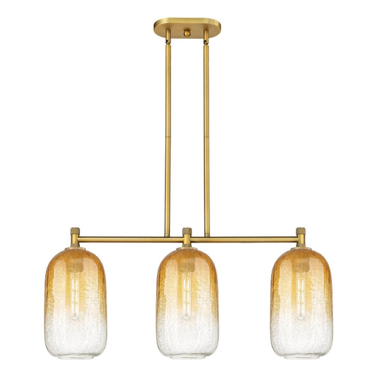 Innovations Brookhaven Cloche 34in 3-Light Island Light | Industrial Brushed Brass and Amber Glass | Kitchen Island | Model 434-3I-BB-G482-7AM
