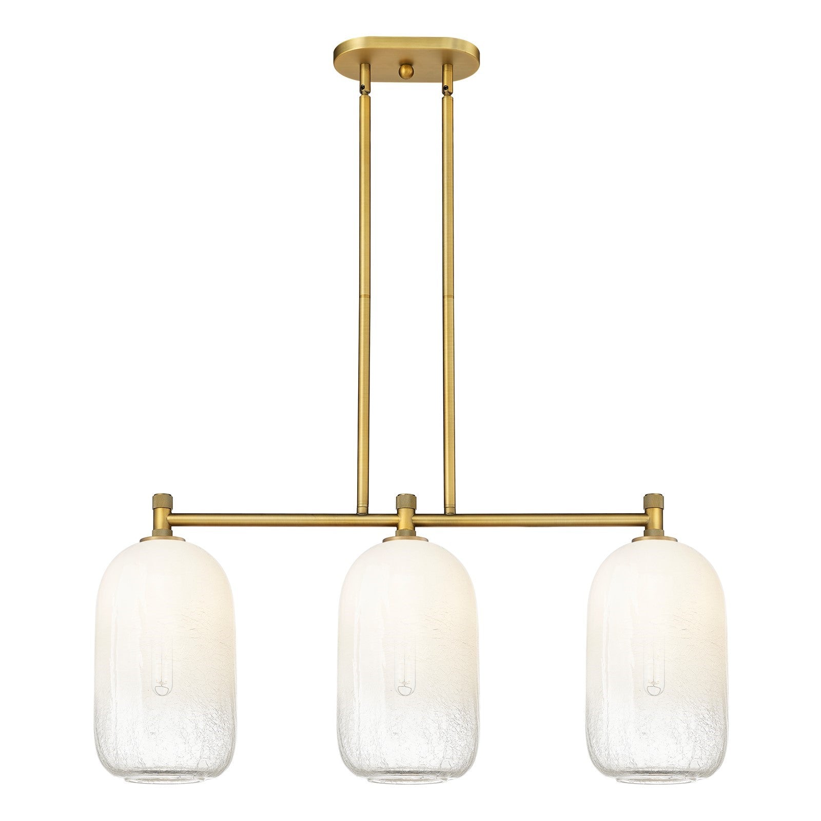 Innovations Brookhaven Cloche 34in 3-Light Island Light | Industrial Brushed Brass and Opal Glass | Kitchen Island | Model 434-3I-BB-G482-7OP
