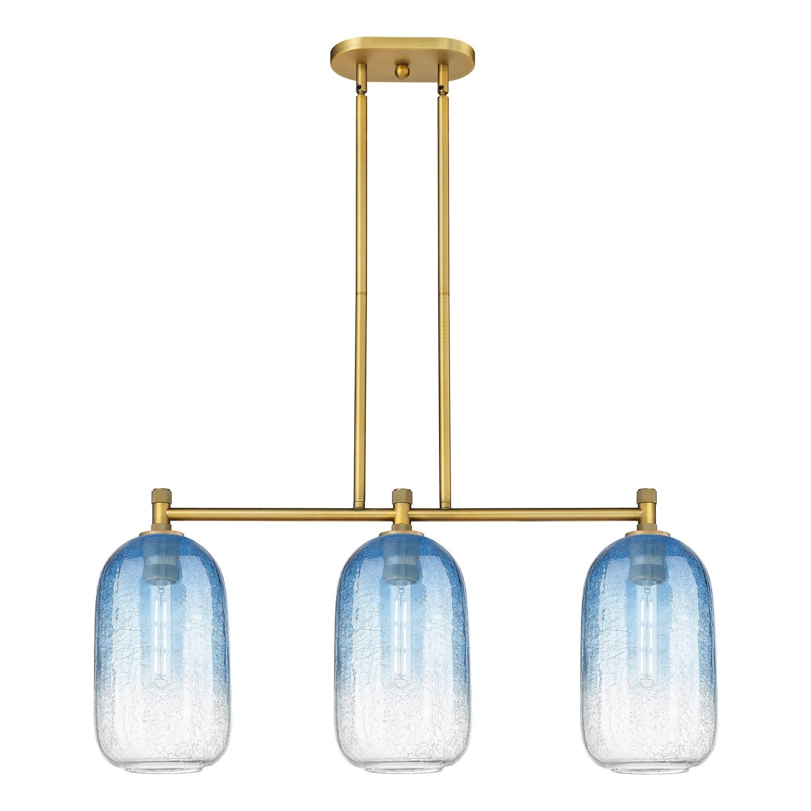 Innovations Brookhaven Cloche 34in 3-Light Island Light | Industrial Brushed Brass and Sapphire Blue Glass | Kitchen | Model 434-3I-BB-G482-7SB