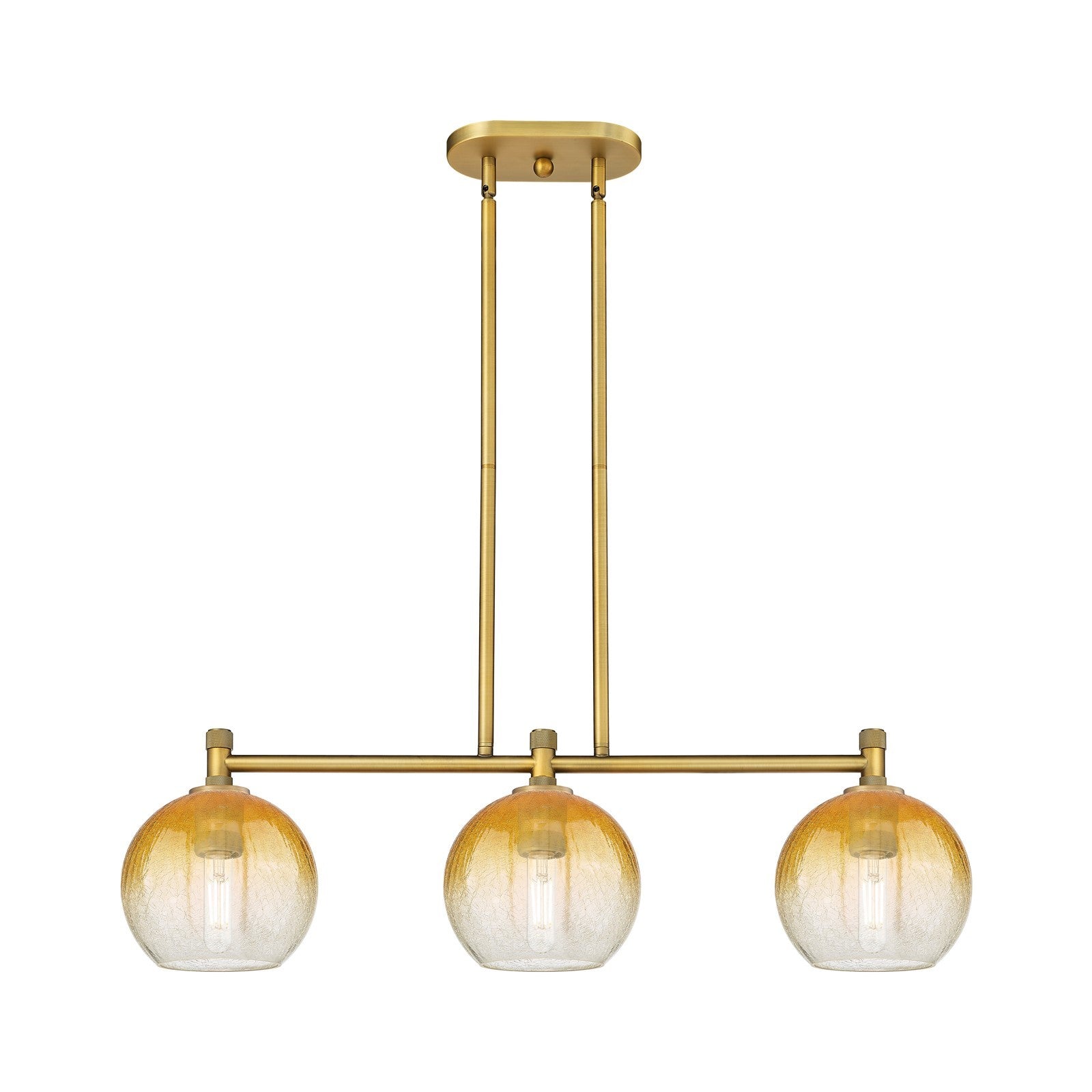Innovations Brookhaven Globe 35in 3-Light Island Light | Industrial Brushed Brass and Amber Glass | Kitchen Island | Model 434-3I-BB-G483-8AM