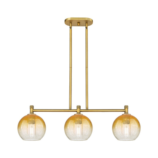 Innovations Brookhaven Globe 35in 3-Light Island Light | Industrial Brushed Brass and Amber Glass | Kitchen Island | Model 434-3I-BB-G483-8AM