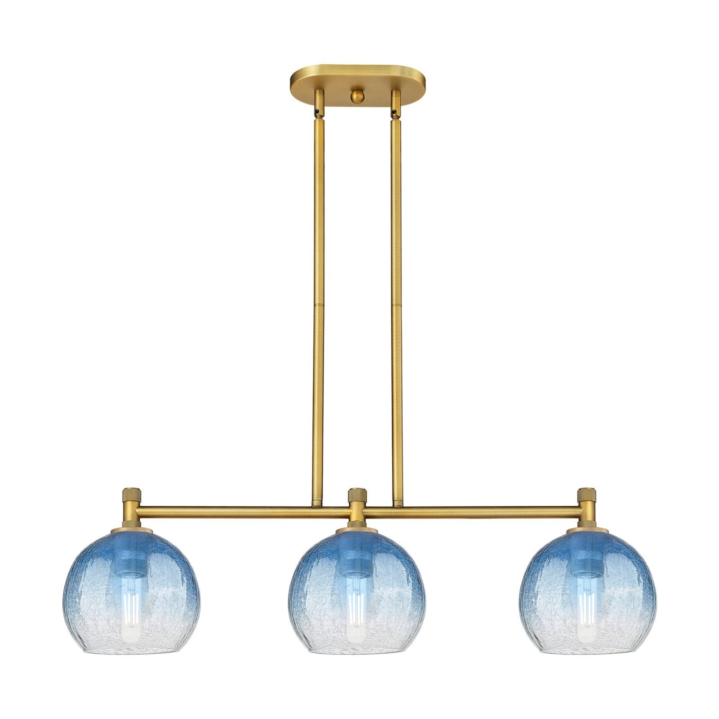 Innovations Brookhaven Globe 35in 3-Light Island Light | Industrial Brushed Brass and Sapphire Blue Glass | Kitchen Island | Model 434-3I-BB-G483-8SB