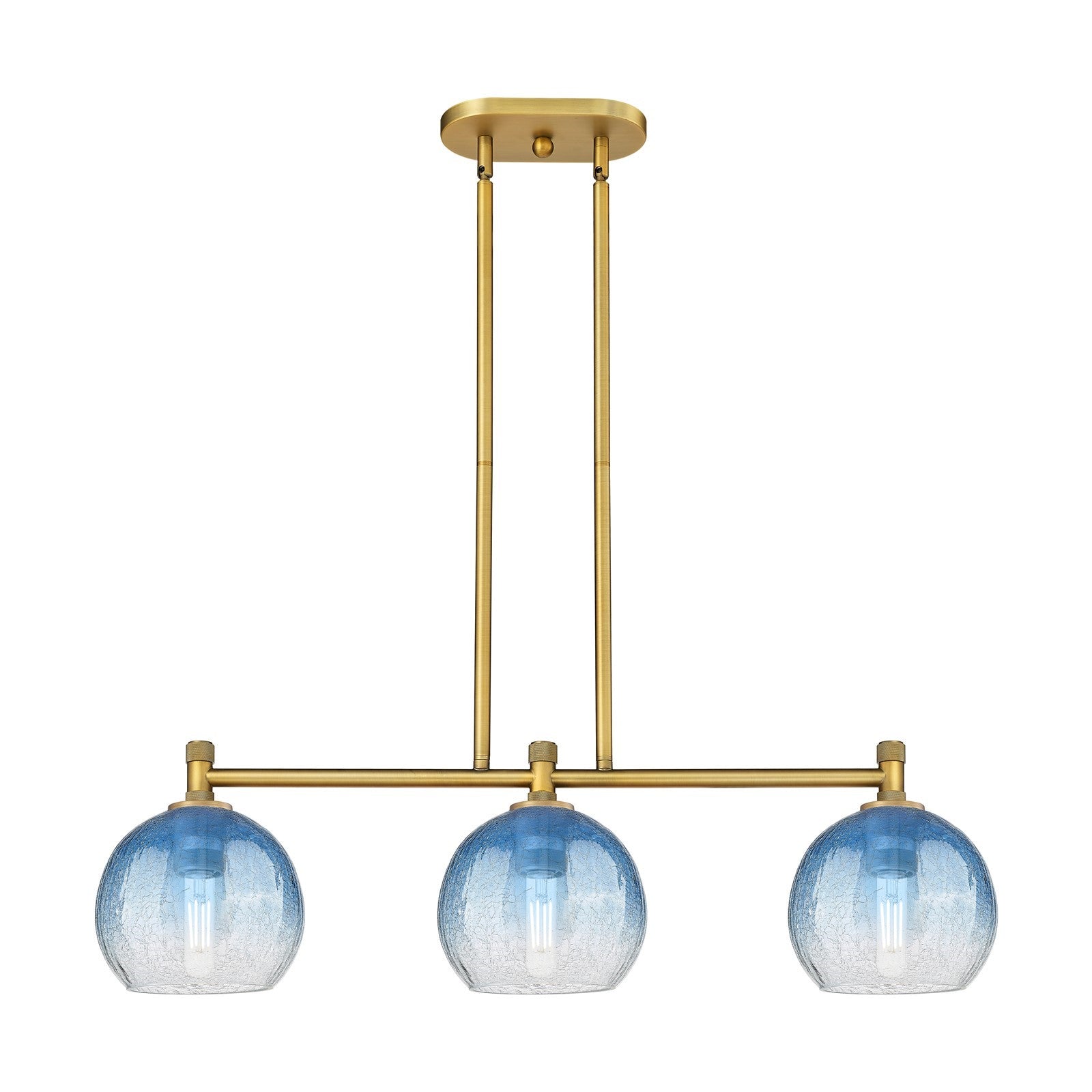 Innovations Brookhaven Globe 35in 3-Light Island Light | Industrial Brushed Brass and Sapphire Blue Glass | Kitchen Island | Model 434-3I-BB-G483-8SB