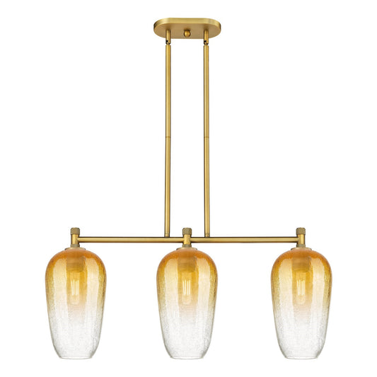 Innovations Brookhaven Flute 34in 3-Light Island Light | Industrial Brushed Brass and Amber Glass | Kitchen Island | Model 434-3I-BB-G484-7AM