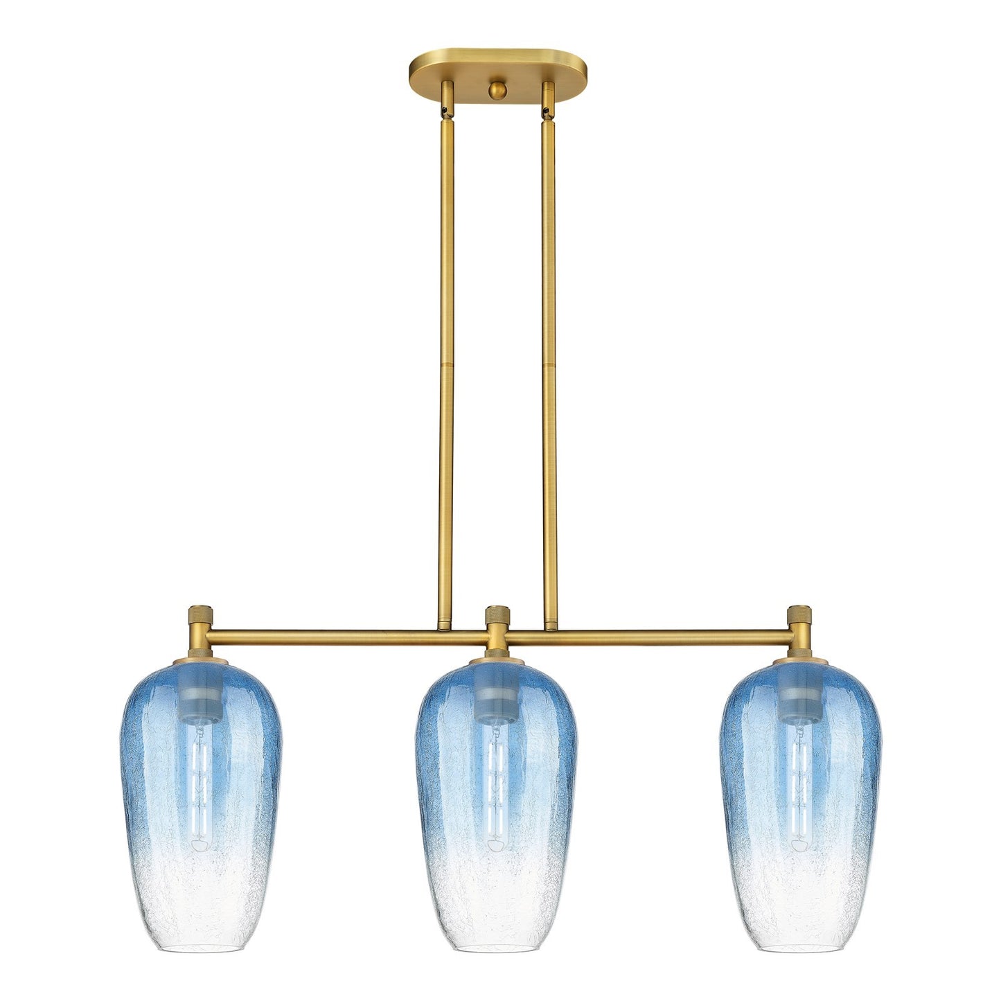 Innovations Brookhaven Flute 34in 3-Light Island Light | Industrial Brushed Brass and Sapphire Blue Glass | Kitchen Island | Model 434-3I-BB-G484-7SB