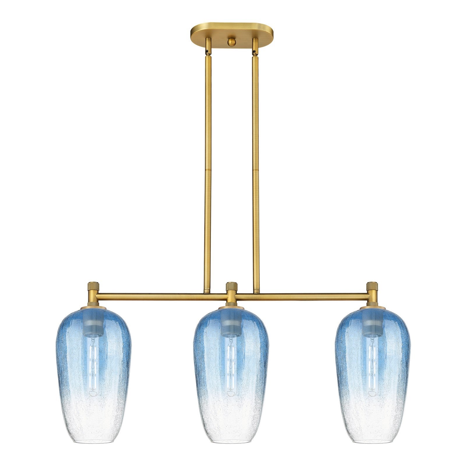 Innovations Brookhaven Flute 34in 3-Light Island Light | Industrial Brushed Brass and Sapphire Blue Glass | Kitchen Island | Model 434-3I-BB-G484-7SB