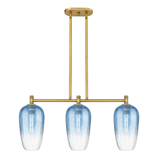 Innovations Brookhaven Flute 34in 3-Light Island Light | Industrial Brushed Brass and Sapphire Blue Glass | Kitchen Island | Model 434-3I-BB-G484-7SB