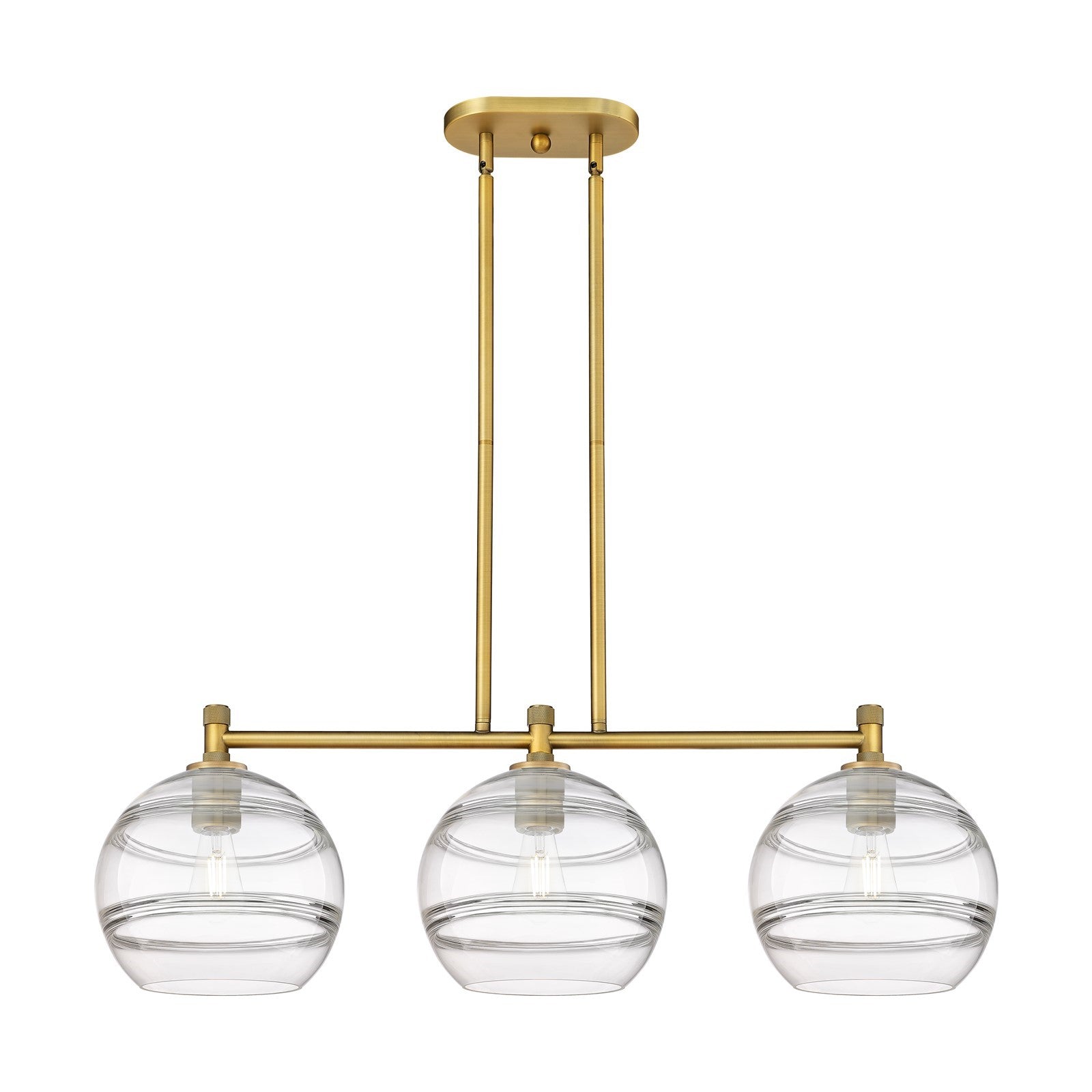 Innovations Rochester 37in 3-Light Island Light | Industrial Brushed Brass and Clear Glass | Kitchen Island & Dining Room | Model 434-3I-BB-G556-10CL