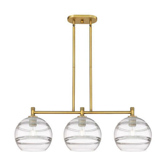 Innovations Rochester 37in 3-Light Island Light | Industrial Brushed Brass and Clear Glass | Kitchen Island & Dining Room | Model 434-3I-BB-G556-10CL
