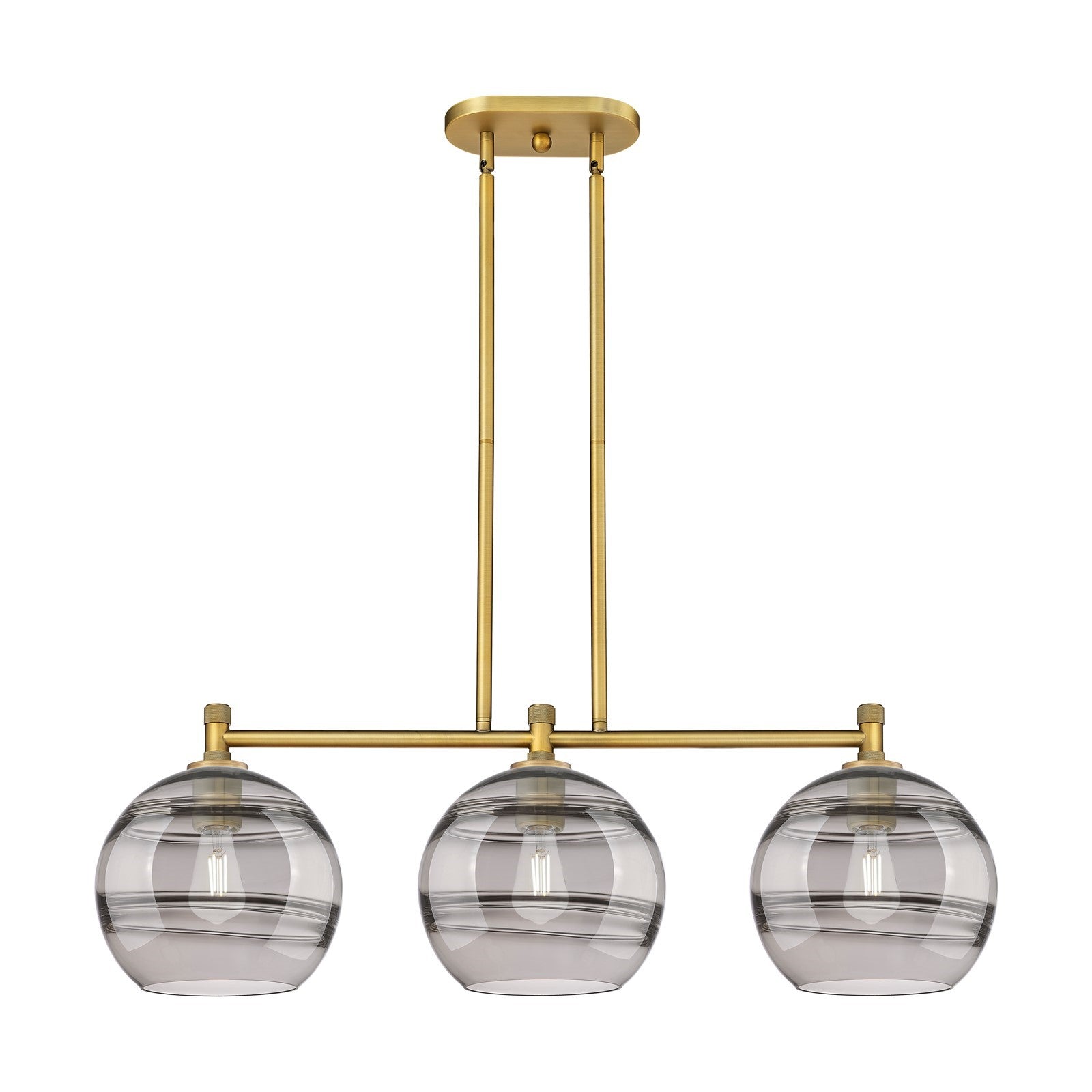 Innovations Rochester 37in 3-Light Island Light | Industrial Brushed Brass and Light Smoke Glass | Kitchen Island | Model 434-3I-BB-G556-10SM