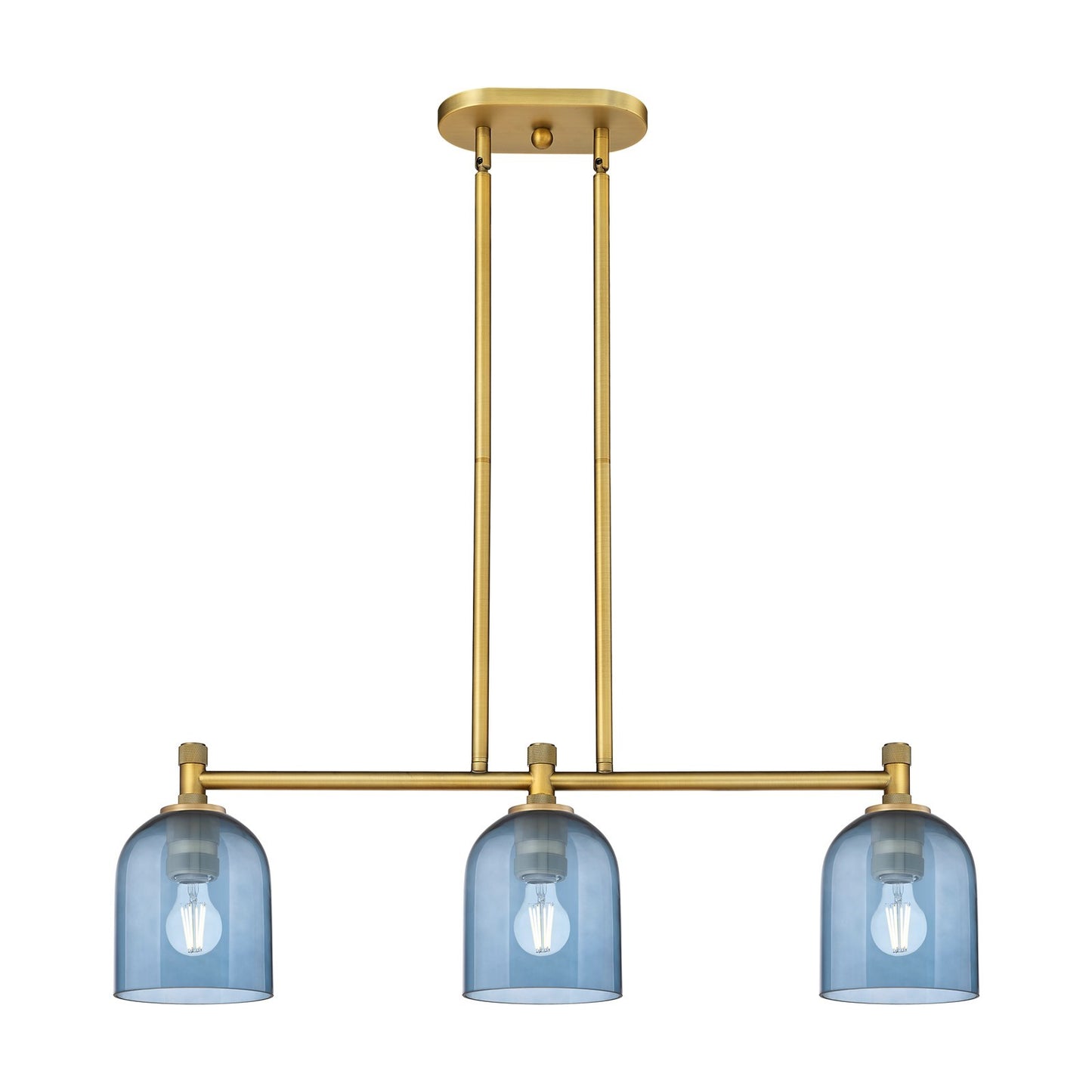 Innovations Bella 33in 3-Light Island | Industrial Brushed Brass and Blue Glass | Kitchen Island & Dining Room | Model 434-3I-BB-G558-6BL