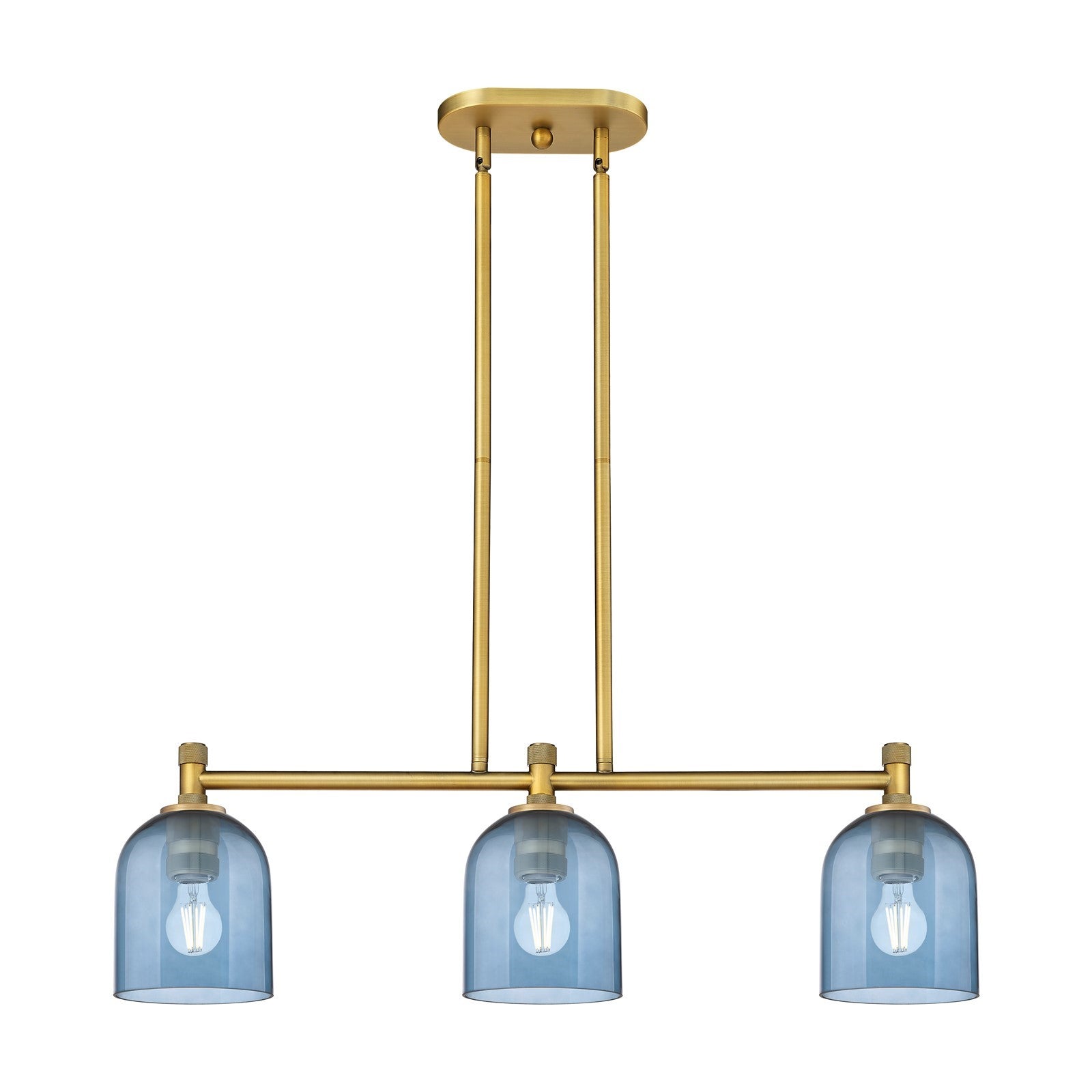 Innovations Bella 33in 3-Light Island | Industrial Brushed Brass and Blue Glass | Kitchen Island & Dining Room | Model 434-3I-BB-G558-6BL