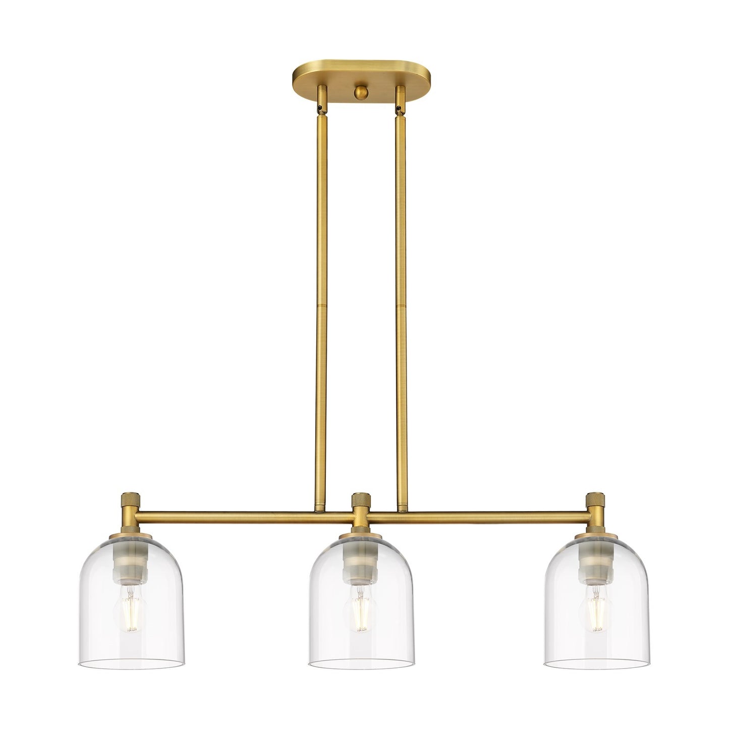 Innovations Bella 33in 3-Light Island | Industrial Brushed Brass and Clear Glass | Kitchen Island & Dining Room | Model 434-3I-BB-G558-6CL