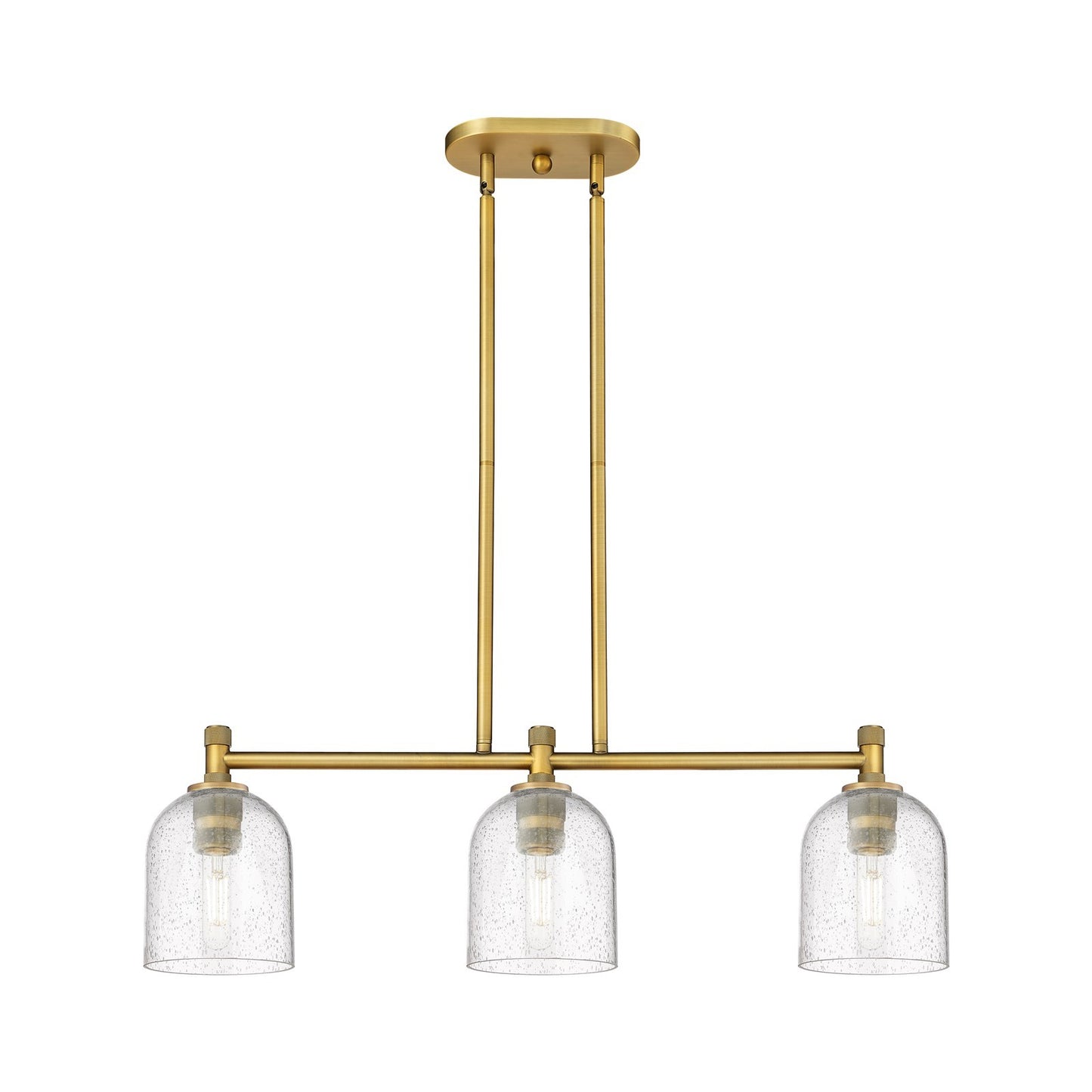 Innovations Bella 33in 3-Light Island | Industrial Brushed Brass and Seedy Glass | Kitchen Island & Dining Room | Model 434-3I-BB-G558-6SDY