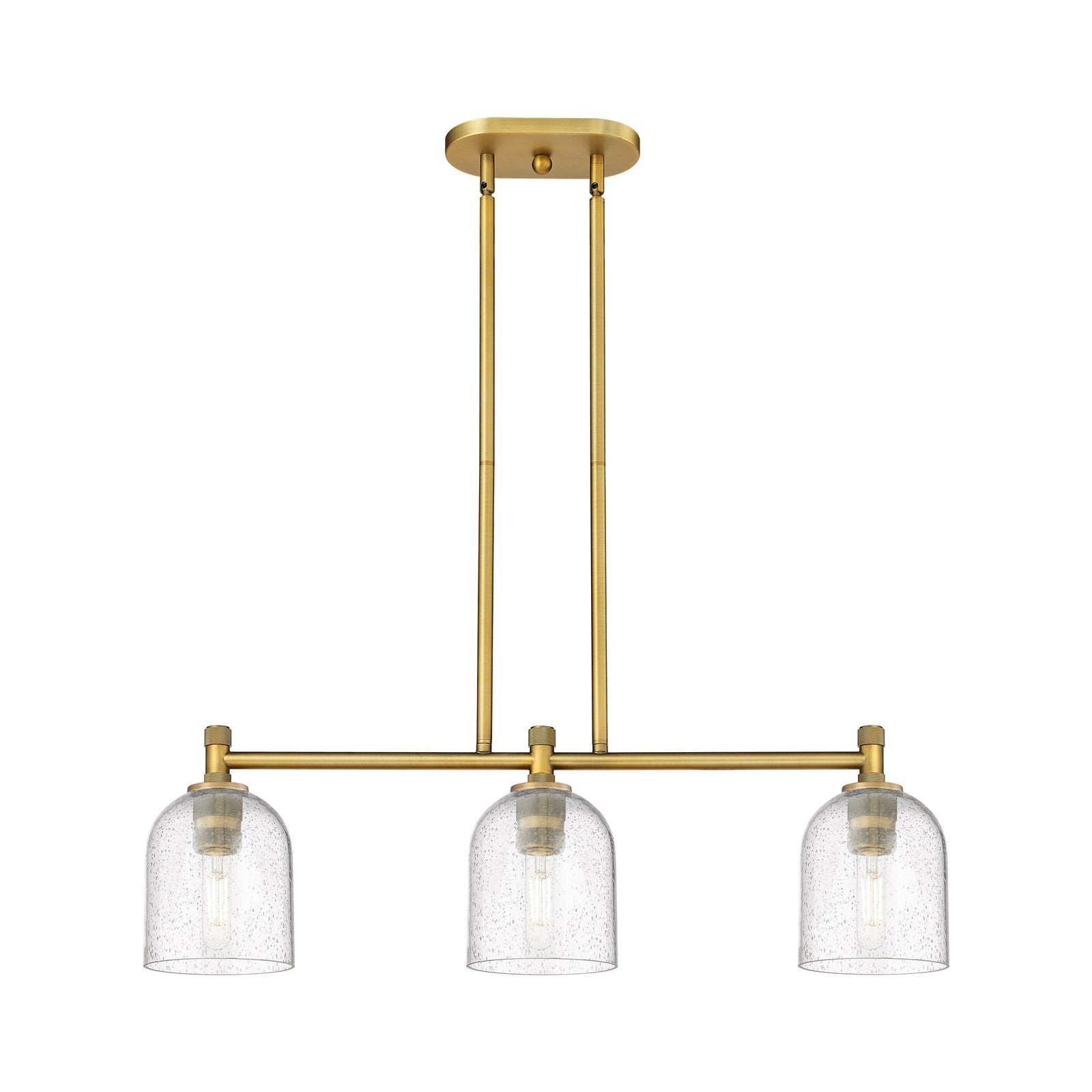 Innovations Bella 33in 3-Light Island | Industrial Brushed Brass and Seedy Glass | Kitchen Island & Dining Room | Model 434-3I-BB-G558-6SDY