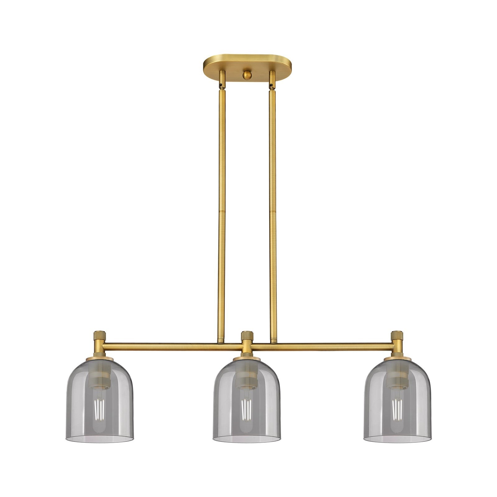 Innovations Bella 33in 3-Light Island | Industrial Brushed Brass and Light Smoke Glass | Kitchen Island & Dining Room | Model 434-3I-BB-G558-6SM