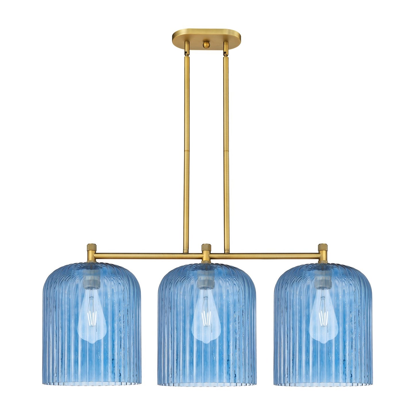 Innovations Crown Point 39in 3-Light Island Light | Industrial Brushed Brass and Princess Blue Glass | Kitchen Island | Model 434-3I-BB-G559-12BL