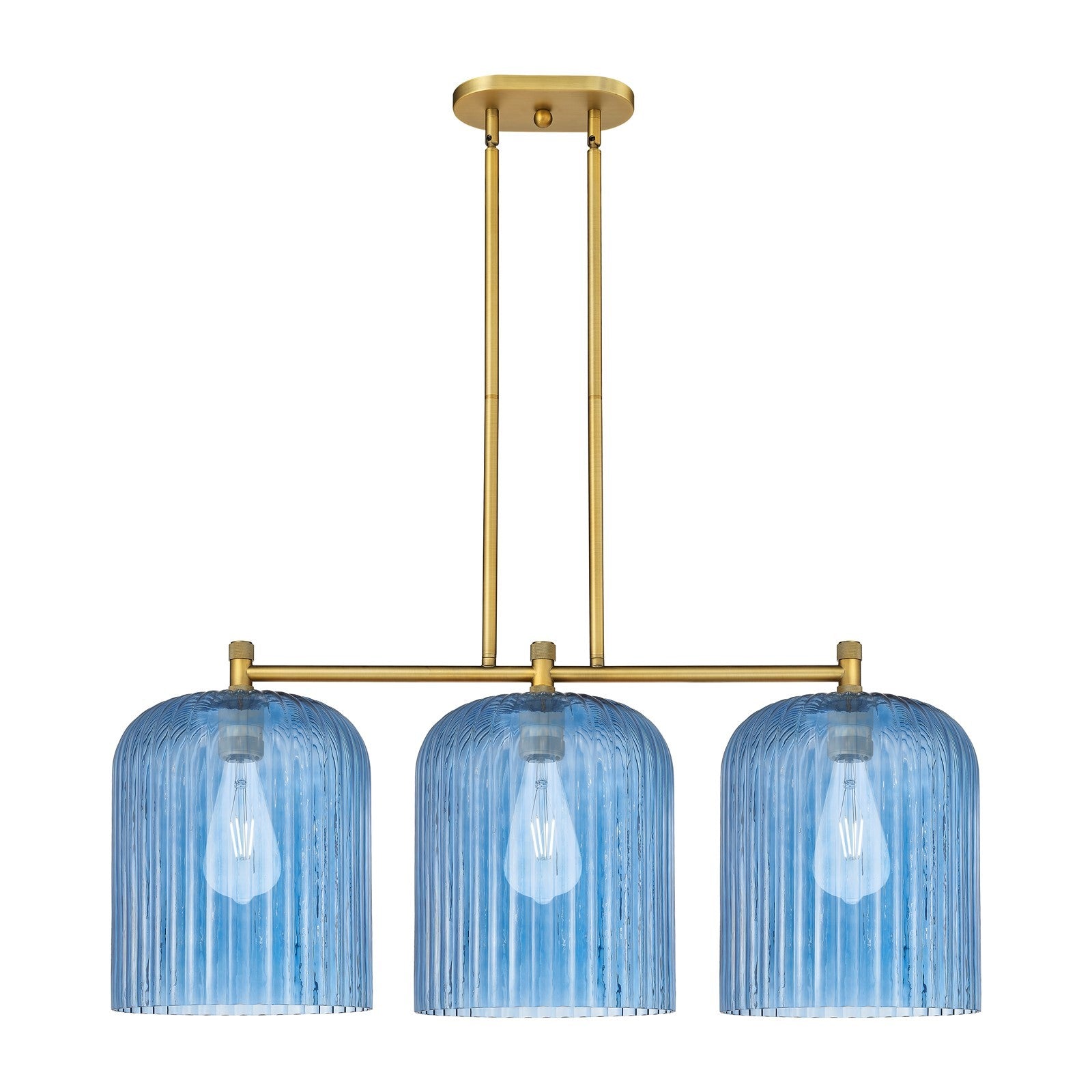 Innovations Crown Point 39in 3-Light Island Light | Industrial Brushed Brass and Princess Blue Glass | Kitchen Island | Model 434-3I-BB-G559-12BL