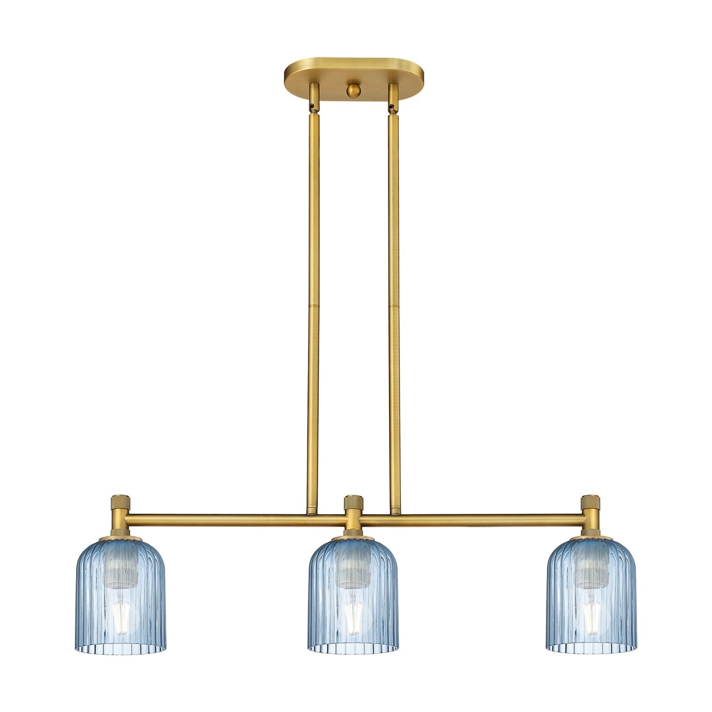 Innovations Crown Point 32in 3-Light Island | Industrial Brushed Brass and Princess Blue Glass | Kitchen Island & Dining | Model 434-3I-BB-G559-5BL