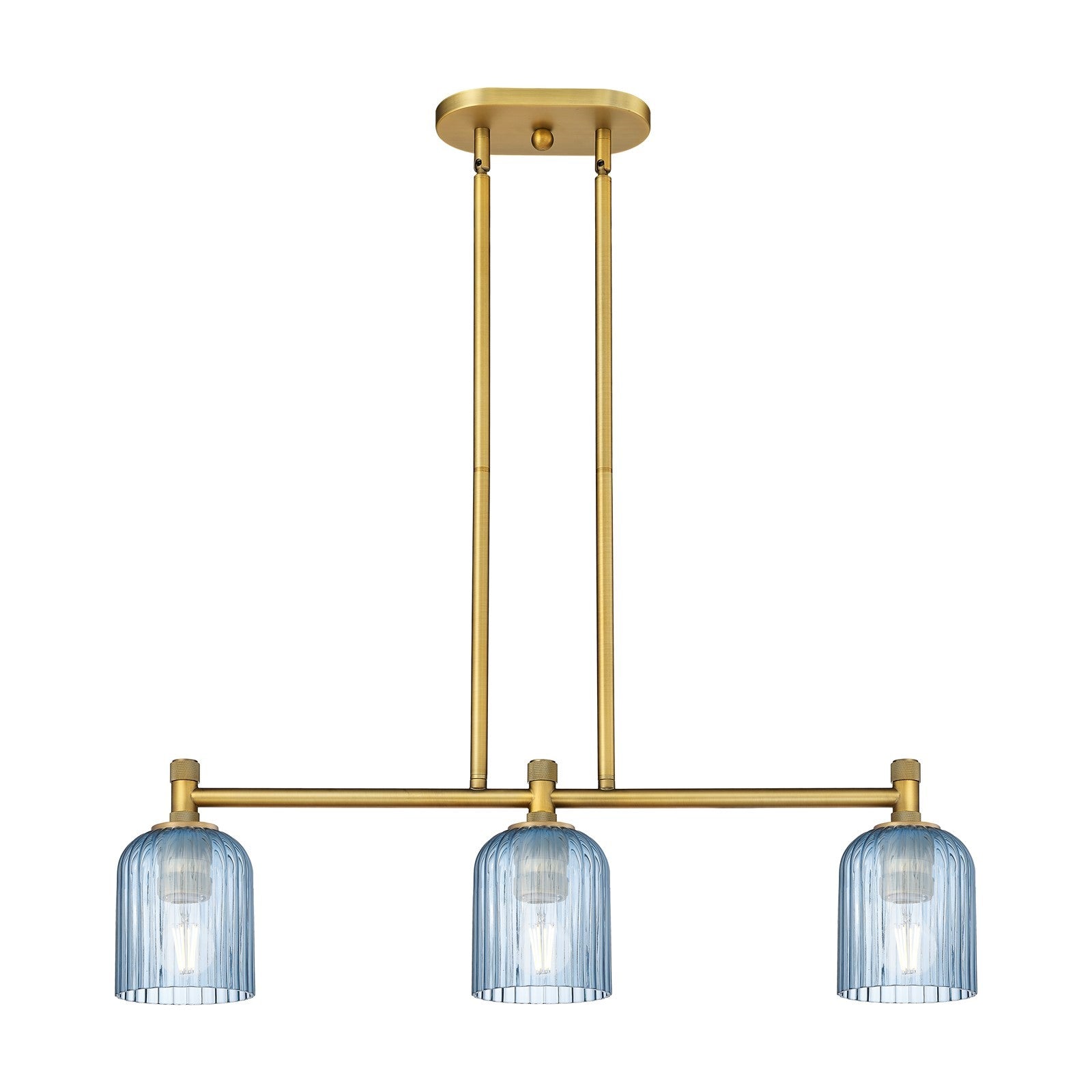 Innovations Crown Point 32in 3-Light Island | Industrial Brushed Brass and Princess Blue Glass | Kitchen Island & Dining | Model 434-3I-BB-G559-5BL