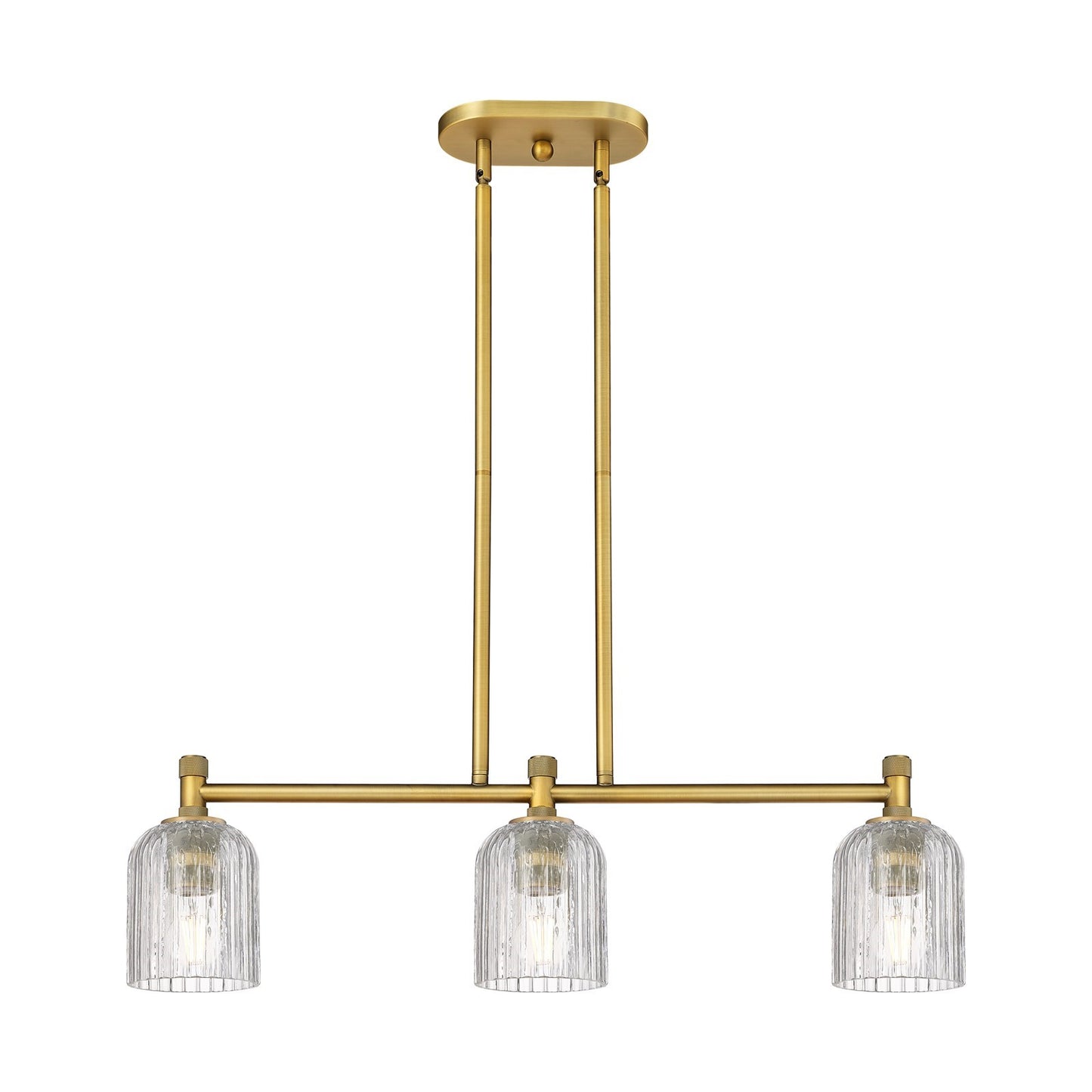 Innovations Crown Point 32in 3-Light Island | Industrial Brushed Brass and Clear Glass | Kitchen Island & Dining Room | Model 434-3I-BB-G559-5CL