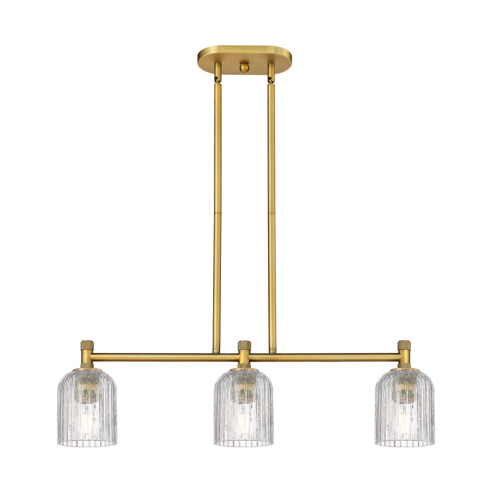 Innovations Crown Point 32in 3-Light Island | Industrial Brushed Brass and Clear Glass | Kitchen Island & Dining Room | Model 434-3I-BB-G559-5CL