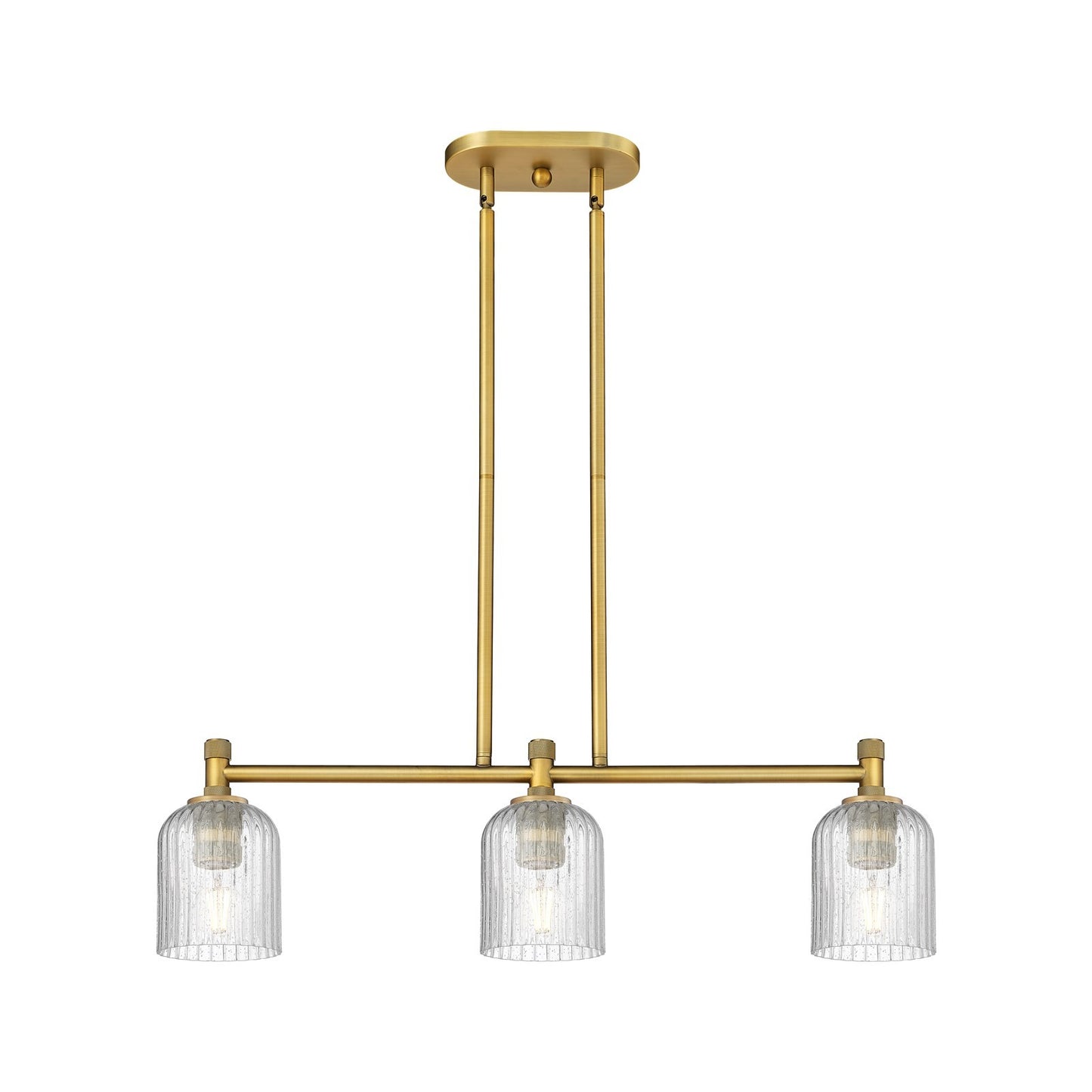 Innovations Crown Point 32in 3-Light Island | Industrial Brushed Brass and Seedy Glass | Kitchen Island & Dining Room | Model 434-3I-BB-G559-5SDY