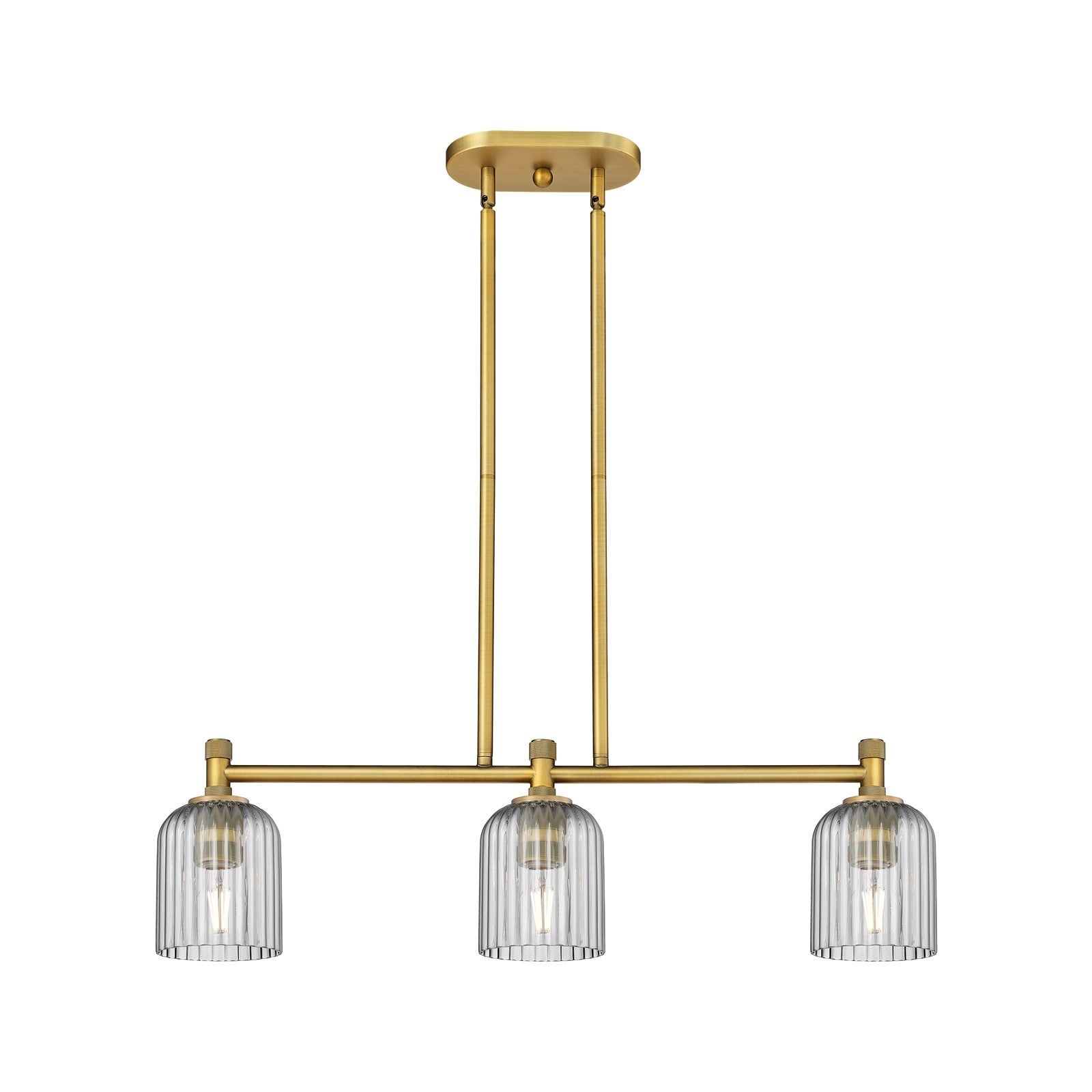 Innovations Crown Point 32in 3-Light Island | Industrial Brushed Brass and Light Smoke Glass | Kitchen Island & Dining | Model 434-3I-BB-G559-5SM