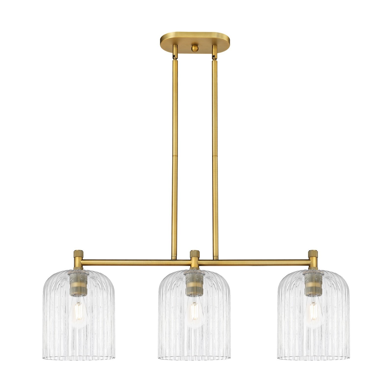 Innovations Crown Point 35in 3-Light Island Light | Industrial Brushed Brass and Clear Glass | Kitchen Island & Dining | Model 434-3I-BB-G559-8CL