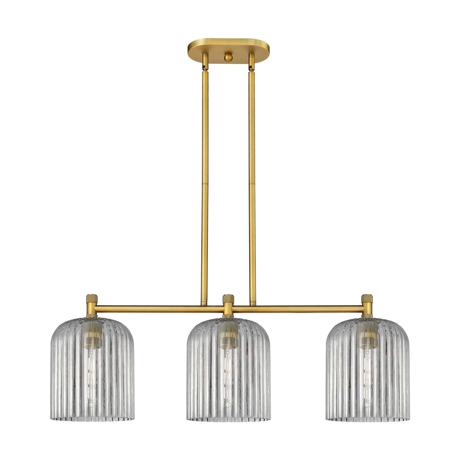 Innovations Crown Point 35in 3-Light Island Light | Industrial Brushed Brass and Light Smoke Glass | Kitchen Island | Model 434-3I-BB-G559-8SM